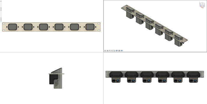 A multi-view rack mount concept designed to hold six JetKVM devices.